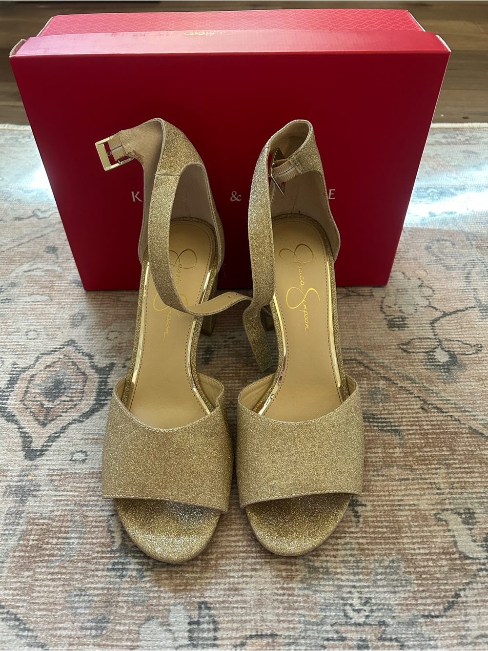 Jessica Simpson Gold Glitter Open-Toe Ankle-Strap Heels